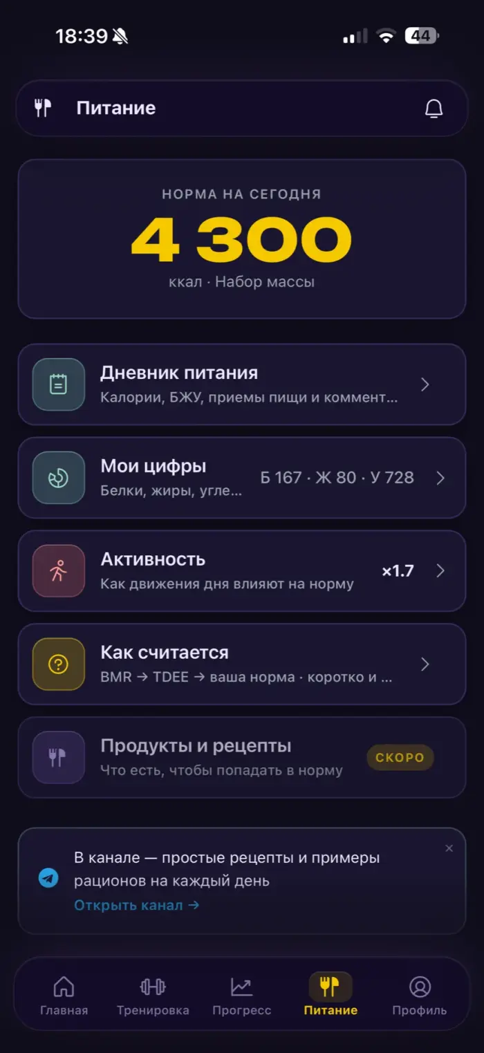 Экран питания с дневной нормой